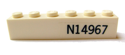 Lego Brick 1 x 6 with Dark Blue 'N14967' Pattern on Both Sides (Stickers) - Set 7628 / White