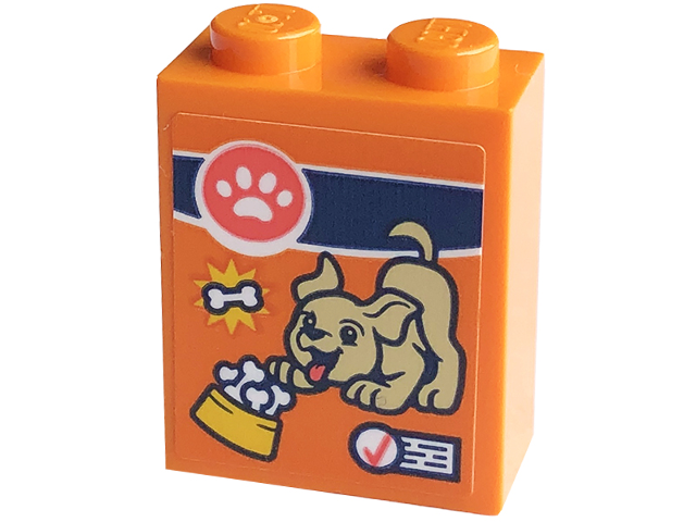 Lego Brick 1 x 2 x 2 with Inside Stud Holder with Tan Dog, Yellow Bowl, White Paw Print and Bones Pattern (Sticker) - Set 41741 / Orange