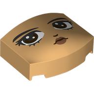 Lego Brick Round 3 x 4, Curved Triple, No Studs with Face, Black Eyebrows, Dark Brown Eyes, Metallic Copper Lips, Sideways Look Print / Warm Tan