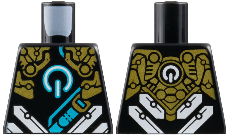 Lego Torso Gold Armor, White Power Button Logo with Medium Azure Outline, Diagonal Stripes and Strap Pattern / Black