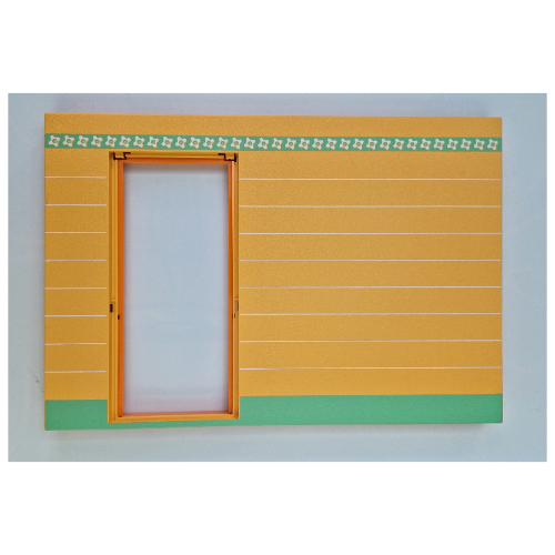 Lego Scala, Building, Wall, Vertical Grooved 40 x 2 x 22 2/3 with Door Cutout, Green Stripe with White Flowers on Medium Orange Print