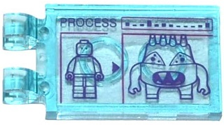 Lego Tile, Modified 2 x 3 with 2 Clips with 'PROCESS', Minifigure and Spider Bytez on Screen Pattern (Sticker) - Set 79119 / Trans-Light Blue