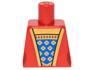 Lego Torso Female Outline Dress with Blue and Gold Fabric, Gold Trim and Necklace Pattern / Red