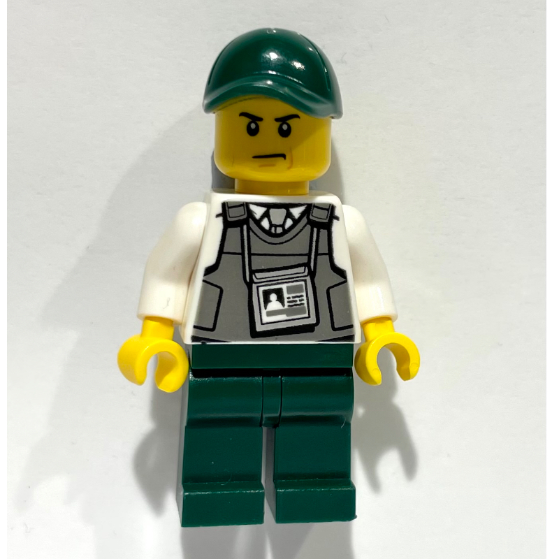 Lego Security Guard, Dark Bluish Gray Vest with ID Badge, Dark Green Cap