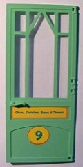 Lego Scala Door 10 x 1 x 18 2/3 Mullioned with Fixed Trans-Clear Glass - Hinges with 'Olivia, Christian, Emma & Thomas' and Number 9 Pattern (Stickers) - Set 3149