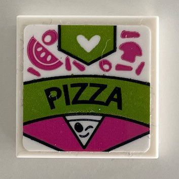 Lego Tile 2 x 2 with 'PIZZA' and Heart on Dark Pink and Lime Box Pattern (Sticker) - Set 41340