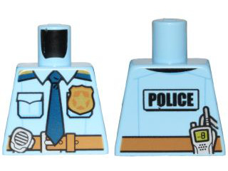 Lego Torso Police Shirt with Gold Badge, Dark Blue Tie, Dark Tan Belt and 'POLICE' and Radio on Back Pattern / Bright Light Blue