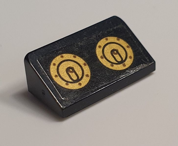 Lego Slope 30 1 x 2 x 2/3 with Gold Fuel / Gas Filler Caps Pattern (Sticker) - Set 76239