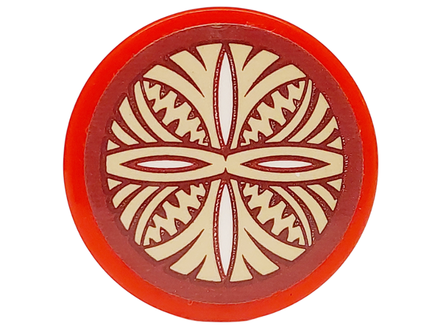 Lego Tile, Round 2 x 2 with Bottom Stud Holder with Dark Red, Tan and White Polynesian Tribal Pattern (Sticker) - Set 41149