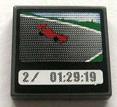 Lego Tile 2 x 2 with Race Car and '2/ 01:29:19' on Screen Pattern (Sticker) - Set 8672