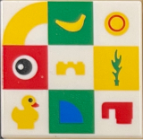Lego Tile 2 x 2 with Macaroni Tile, Banana, Round Plate 1 x 1, Eye, Arch, Flame, Duckling, Quarter Tile and Cup Pattern / White