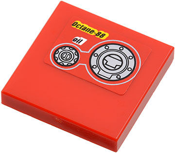 Lego Tile 2 x 2 with 'Octane-88', 'oil' and 2 Filler Caps Pattern (Sticker) - Set 9441 / Red