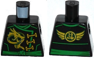 Lego Torso Ninjago Robe with Gold Dragon, Green Sash and Ninjago Logogram 'Energy' and Wings on Reverse Pattern / Black