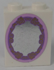 Lego Brick 1 x 2 x 2 with Inside Stud Holder with Silver Mirror in Gold and Pink Frame Pattern (Sticker) - Set 41055 / White