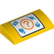 Lego Brick Curved 2 x 4 x 2/3 No Studs with White Square, Medium Blue Book, Glove, Umbrella, Apple, Orange Question Mark in Circle Print / Yellow