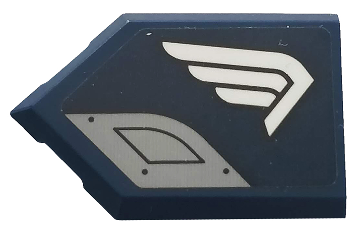 Lego Tile, Modified 2 x 3 Pentagonal with White Wing and Light Bluish Gray Plate Pattern Model Right Side (Sticker) - Set 76123 / Dark Blue