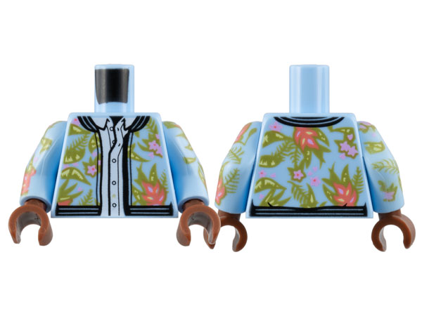 Lego Torso Jacket, Floral Print over White Button Down Shirt Pattern / Bright Light Blue Arms with Floral Pattern / Reddish Brown Hands
