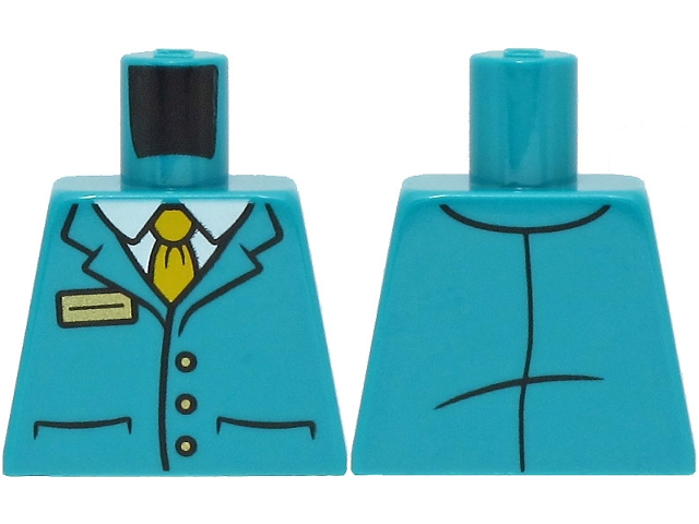 Lego Torso Suit Jacket with 3 Buttons and Pockets over White Shirt, Bright Light Orange Tie, Gold Badge Pattern / Dark Turquoise