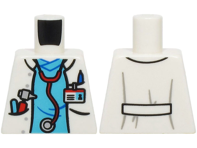 Lego Torso Hospital Lab Coat Open, Medium Azure Scrubs, Red and Silver Stethoscope, ID Badge, Otoscope and Pen in Pockets Pattern (BAM) / White