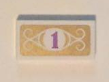 Lego Tile 1 x 2 with Medium Lavender Number 1 in White Circle with Swirls on Gold Background Pattern (Sticker) - Set 41101