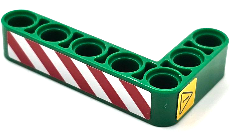 Lego Technic, Liftarm, Modified Bent Thick L-Shape 3 x 5 with Red and White Danger Stripes and Black Exclamation Mark in Danger Triangle Pattern Model Right Side (Stickers) - Set 42080
