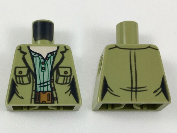 Lego Torso Female Jacket with Pockets over Sand Green Shirt with Green Stripes, Reddish Brown Belt Pattern / Olive Green