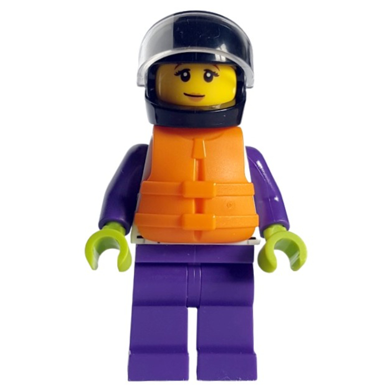 Lego Boat Racer, White and Dark Purple Race Suit, Orange Life Vest, Black Helmet