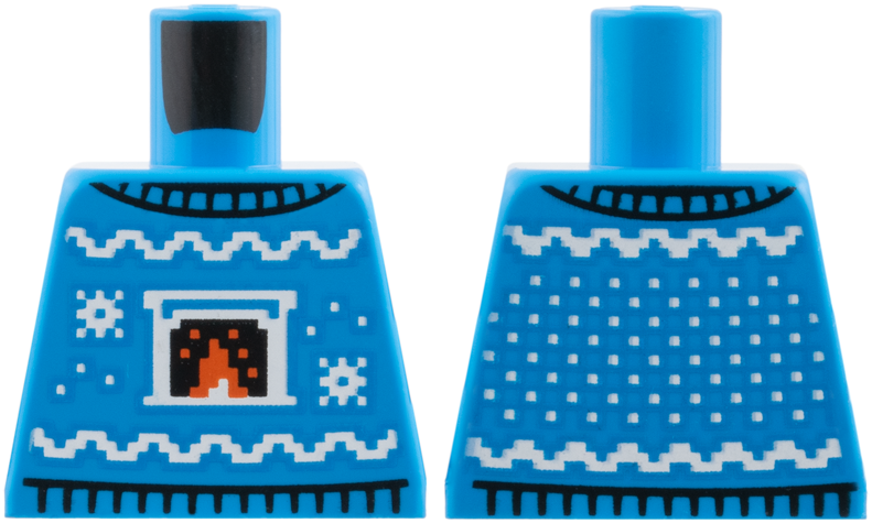 Lego Torso Christmas Sweater, White Waves and Snowflakes, Fireplace with Red Fire Pattern / Dark Azure
