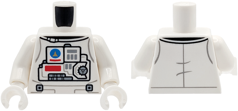 Lego Torso Astronaut Spacesuit with Gold Space Shuttle in Blue Circle, Light Bluish Gray and Red Panels and Buttons, Black Collar Pattern / White Arms / White Hands