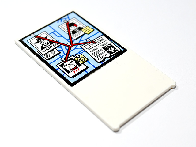 Lego Glass for Window 1 x 4 x 6 with Red String, 'WANTED' Poster, Mugshot, Polaroid Photo of Dog and Newspaper on Bright Light Blue Map Pattern (Sticker) - Set 60246 / White