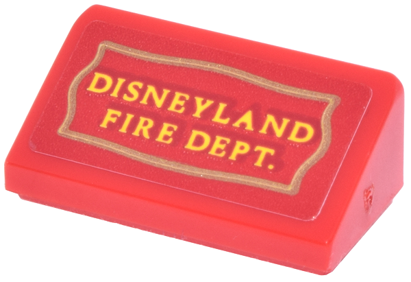 Lego Slope 30 1 x 2 x 2/3 with Gold Sign with Yellow 'DISNEYLAND FIRE DEPT.' Pattern (Sticker) - Set 43302 / Red