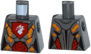 Lego Torso Nexo Knights Female Armor with Orange and Gold Circuitry and White Dragon Head on Red Pentagonal Shield Pattern / Dark Bluish Gray
