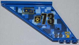 Lego Tail 12 x 2 x 5 with Filler Cap, Black Number 73, and Yellow 'OPEN' and Arrow Pattern Model Right (Sticker) - Set 7067
