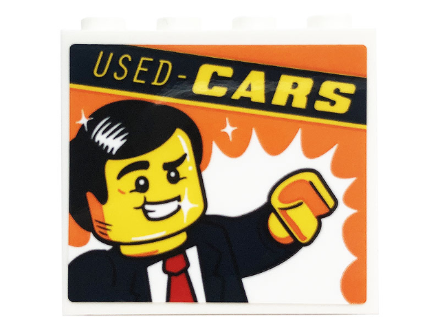 Lego Panel 1 x 4 x 3 with Side Supports - Hollow Studs with 'USED - CARS' and Minifigure Pattern (Sticker) - Set 60258