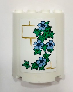 Lego Cylinder Half 2 x 4 x 4 with Pearl Gold Brick Wall, Bright Light Blue Flowers and Green Leaves Pattern (Sticker) - Set 41154 / White