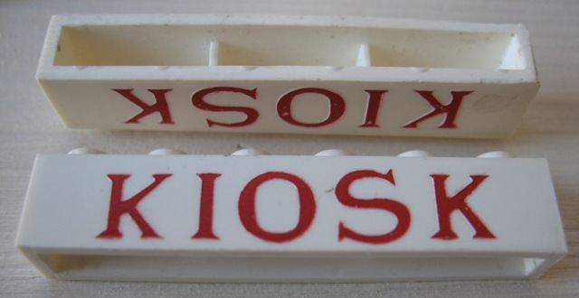 Lego Brick 1 x 6 without Bottom Tubes with Cross Side Supports with Red 'KIOSK' Serif Thin Pattern / White