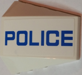 Lego Wedge 4 x 4 Triple Curved No Studs with Blue 'Police' Thin Font on White Background Pattern Model Left Side (Sticker) - Set 60049