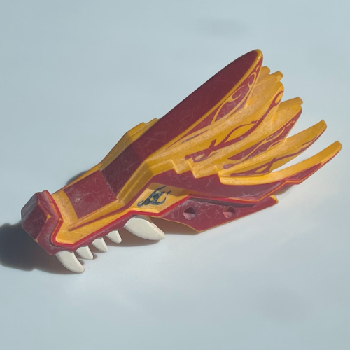 Lego Creature Body Part, Dragon Head Upper Jaw with Dark Red Sections, White Teeth and Red Stripes Print