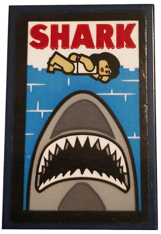 Lego Tile 2 x 3 with 'SHARK', Swimmer, Sea and Shark Color Pattern (Sticker) - Set 75810 / Dark Blue