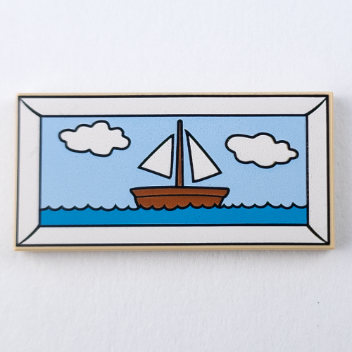 Lego Tile 2 x 4 with Painting of Sail Boat Print / Tan