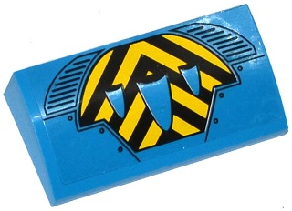 Lego Slope, Curved 2 x 4 x 2/3 with Bottom Tubes with Black and Yellow Chevrons, Air Intakes and Vents Pattern (Sticker) - Set 76020 / Dark Azure
