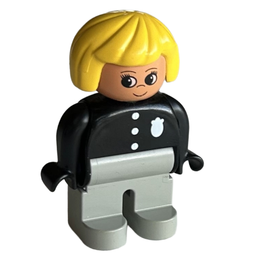 Lego Duplo Figure, Early, Hair Bob Yellow, Light Gray Legs, 3 Buttons and Badge Print / Black