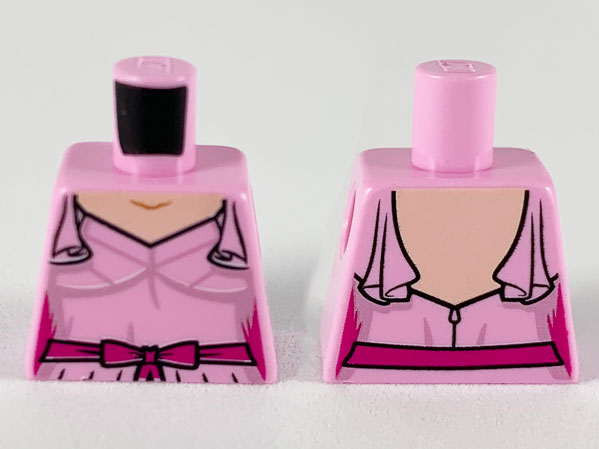 Lego Torso Female Dress with Shoulder Ruffles, Light Nougat Neck, Metallic Pink Trim and Magenta Belt Pattern / Bright Pink