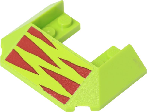 Lego Wedge 6 x 4 Cutout (Train Roof) with 5 Large Bottom Tubes with Dark Red Horizontal Dinosaur Stripes Pattern (Sticker) - Set 75938 / Lime