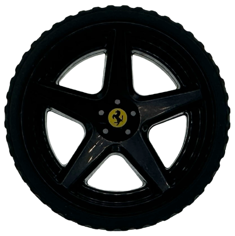 Lego Wheel 21mm D. x 11mm with 5 Spokes with Yellow Ferrari Logo and Silver Bolts Pattern with Black Tire 24 x 11 Straight Tread (7834pb01 / 5810)