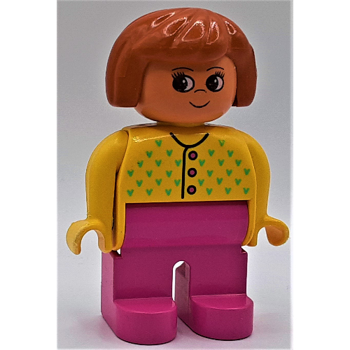 Lego Duplo Figure, Early, Hair Bob Dark Orange, Dark Pink Legs, Buttons and Medium Green Flowers Print / Yellow