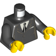 Lego Torso Formal Jacket, 2 Buttons and Pocket with White Cloth/Paper, Gray Tie Print, Black Arms, Yellow Hands / Black