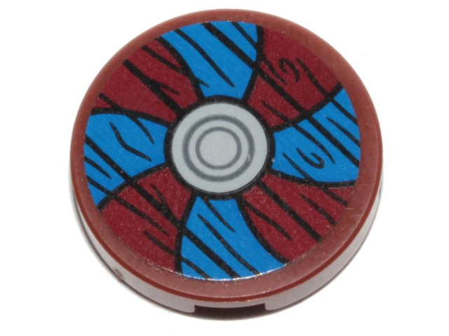 Lego Tile, Round 2 x 2 with Bottom Stud Holder with Viking Shield Blue / Dark Red Sections and Wood Grain Pattern (Sticker) - Set 76208 / Reddish Brown