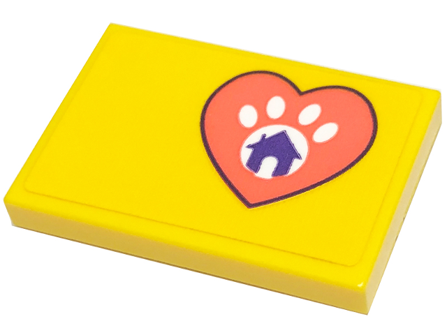Lego Tile 2 x 3 with Coral Heart, Dark Purple House and White Paw Print Pattern Model Left Side (Sticker) - Set 41699