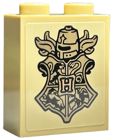 Lego Brick 1 x 2 x 2 with Inside Stud Holder with Copper Capital Letter H, Dark Tan Hogwarts Crest, Helmet and Plume Feathers Pattern (Sticker) - Set 76415 / Tan